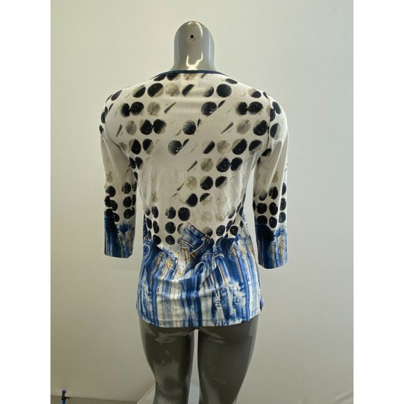 Modes Crystal Women's Three Keyhole Round Neck Blouse Size XS White Black Blue P - Picture 3 of 4